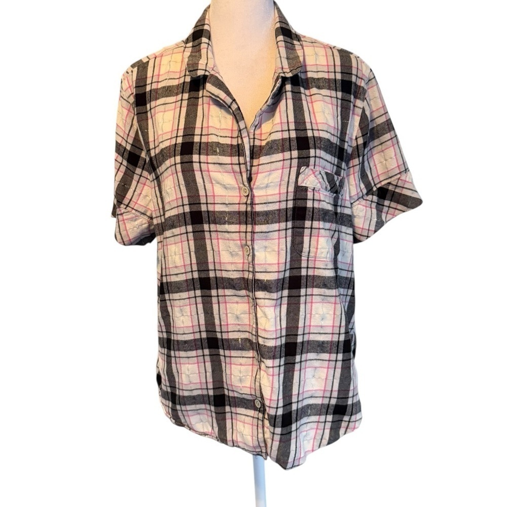 Victoria's Secret Plaid pajama top in black white pink & silver